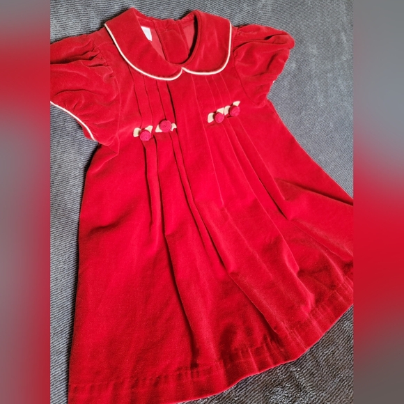 Adorable Vintage Red Dress with Peter Pan Collar 100% Cotton Velvet Look 18M - Picture 5 of 11
